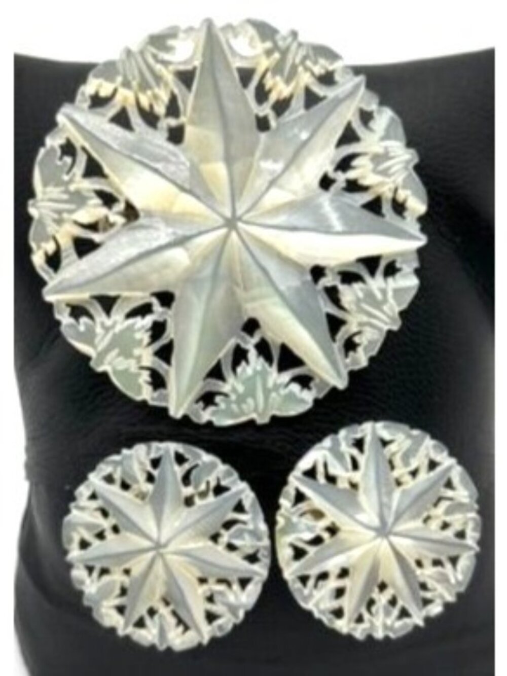 Vintage Mother-Of-Pearl Star of Bethlehem Brooch W/Matching Clip-On Earrings Set